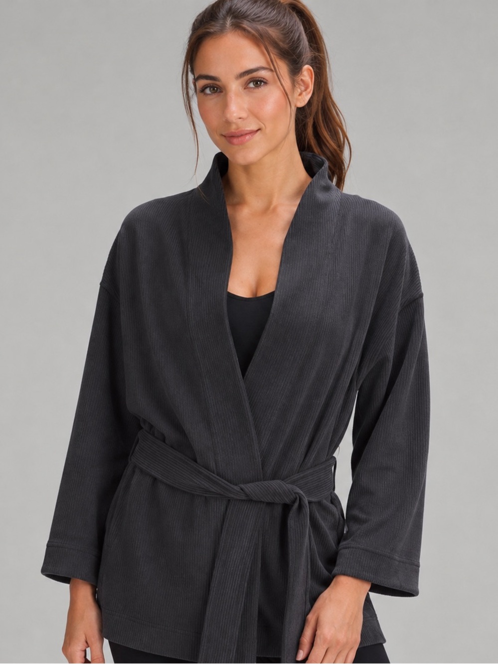 Lululemon Ribbed Softstreme Belted Wrap Jacket 8 Charcoal Gray Black W3GS7S
